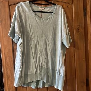 Green tunic length top with ribbed hem and edges